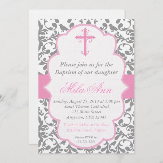 女の子のダマスク織の洗礼のピンクおよび灰色の招待状 招待状 (正面/裏面)