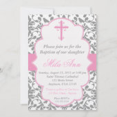 女の子のダマスク織の洗礼のピンクおよび灰色の招待状 招待状 (正面)