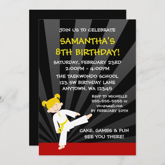 女の子のテコンドーの空手の黄色ベルトのブロンドの女性の誕生日 招待状 (正面/裏面)