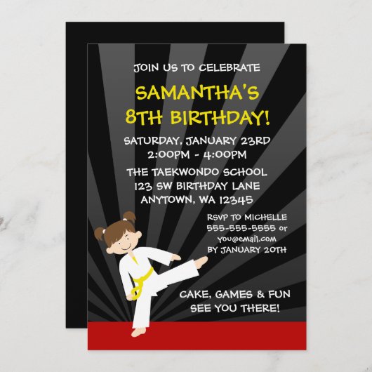 女の子のテコンドーの空手の黄色ベルトの誕生日 招待状 (正面/裏面)
