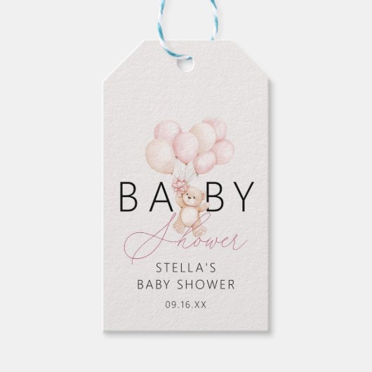 女の子のテディベア風船ベビーシャワー ギフトタグ (正面)