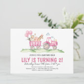 女の子のトラクター誕生日、ピンクの農場誕生日招待状 招待状 (スタンド正面)