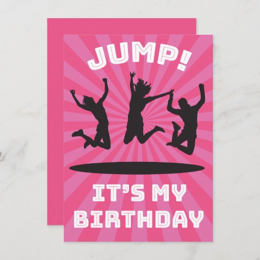 女の子のトランポリンの跳ね上がりの家の誕生会 招待状 (正面/裏面)