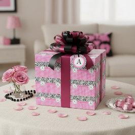 女の子のドットと動物のプリントモノグラム ラッピングペーパー