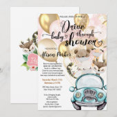 女の子のドライブバイ ベイビーシャワー | サファリの友達 招待状 (正面/裏面)