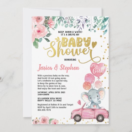 女の子のドライブ赤ちゃんシャワーパレードピンク象 招待状 (正面)