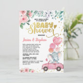 女の子のドライブ赤ちゃんシャワーパレードピンク象 招待状 (スタンド正面)