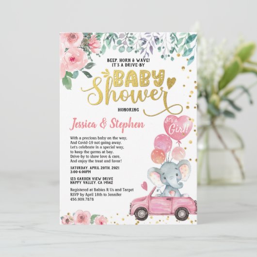 女の子のドライブ赤ちゃんシャワーパレードピンク象 招待状 (スタンド正面)