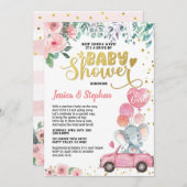 女の子のドライブ赤ちゃんシャワーパレードピンク象 招待状 (正面/裏面)