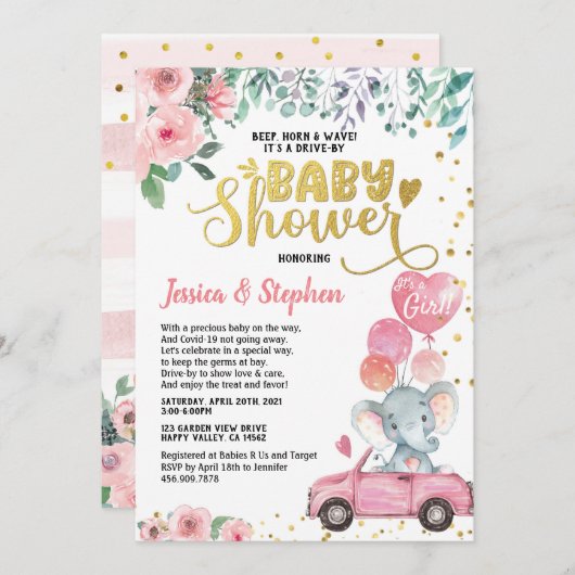 女の子のドライブ赤ちゃんシャワーパレードピンク象 招待状 (正面/裏面)