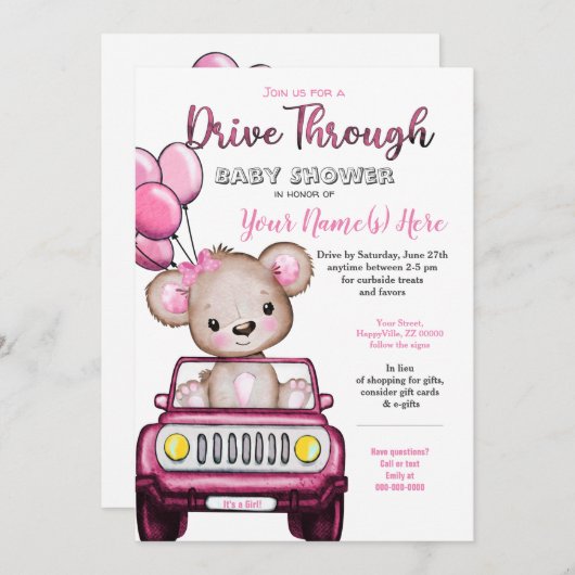 女の子のドライブ赤ちゃんシャワーTeddyクマ 招待状 (正面/裏面)