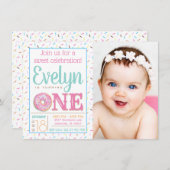 女の子のドーナツ写真1st誕生日パーティー 招待状 (正面/裏面)
