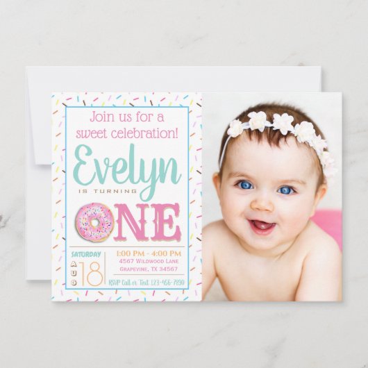 女の子のドーナツ写真1st誕生日パーティー 招待状 (正面)