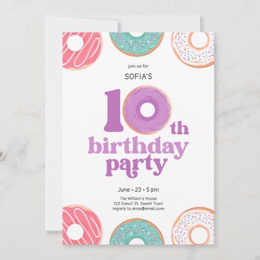 女の子のドーナツ 10歳の誕生日パーティー招待状 招待状 (正面)