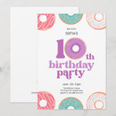 女の子のドーナツ 10歳の誕生日パーティー招待状 招待状 (正面/裏面)