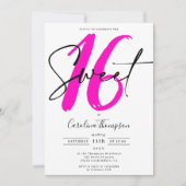 女の子のネオン ピンクの境界線スクリプト写真 スイート 16 招待状 (正面)