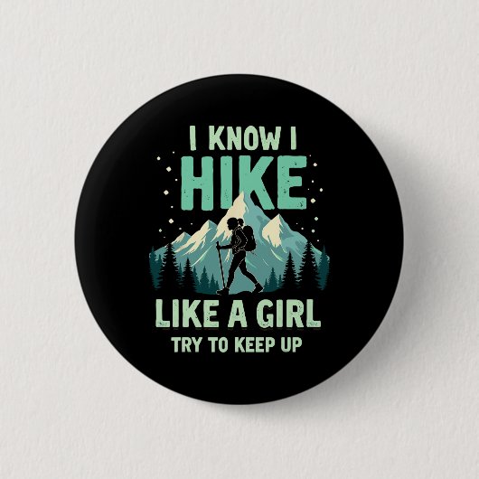 女の子のハイキング・ハッカー・ユーモア 登山 キャンプ 面白い 缶バッジ (正面)