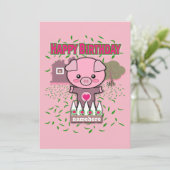 女の子のハッピーバースデーのかわいいブタは名前を個人化します シーズンカード (スタンド正面)