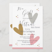 女の子のハートピンクのバーチャルベイビーシャワー 招待状 (正面/裏面)