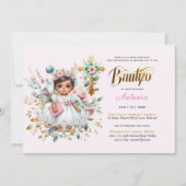 女の子のバウティゾ ピンクゴールド フローラルクロス 招待状 (正面)
