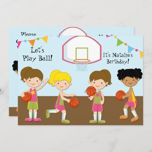 女の子のバスケットボールの誕生日5x7の招待状 招待状 (正面/裏面)