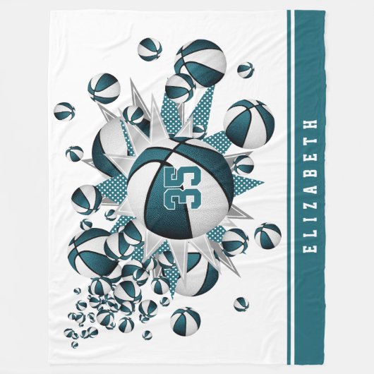 女の子のバスケット星ティール(緑がかった色)白パーソナライズされた フリースブランケット (正面)