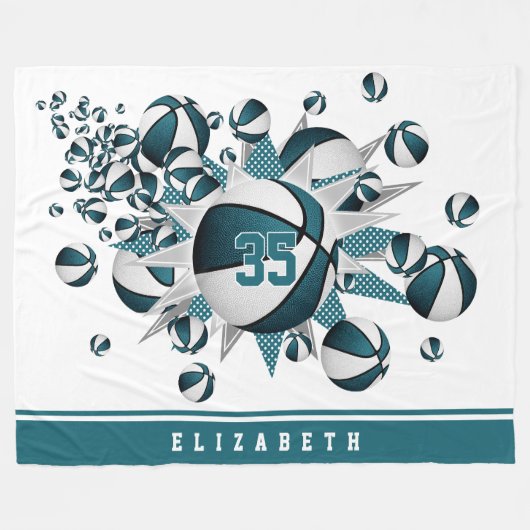 女の子のバスケット星ティール(緑がかった色)白パーソナライズされた フリースブランケット (正面(横))