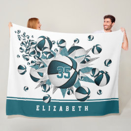 女の子のバスケット星ティール（緑がかった色）白パーソナライズされた フリースブランケット