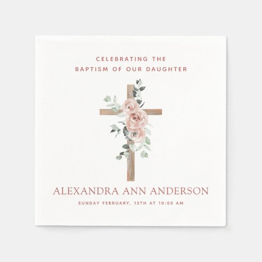 女の子のバプテスマほこりっぽいピンク・ローズ・クリスチャン スタンダードカクテルナプキン (正面)