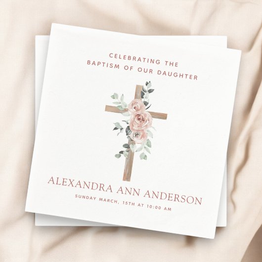 女の子のバプテスマほこりっぽいピンク・ローズ・クリスチャン スタンダードカクテルナプキン