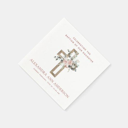 女の子のバプテスマほこりっぽいピンク・ローズ・クリスチャン スタンダードカクテルナプキン (角)