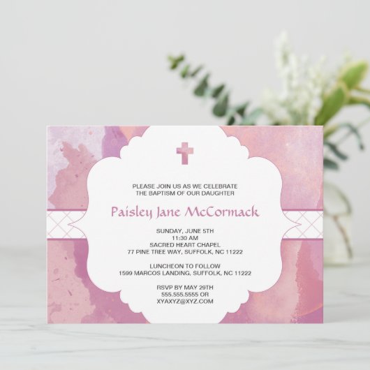 女の子のバプテスマまたは最初の共産主義招待状ピンクの紫 招待状 (スタンド正面)