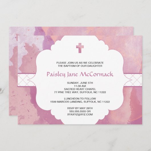 女の子のバプテスマまたは最初の共産主義招待状ピンクの紫 招待状 (正面/裏面)