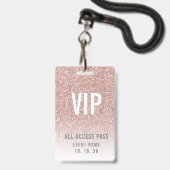 女の子のバラピンクグリッターVIPアクセスイベント バッジ (正面（ネックストラップ付）)