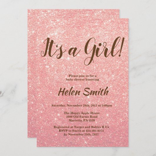 女の子のバラ金ゴールドピンクグリッター赤ちゃんシャワー 招待状 (正面/裏面)