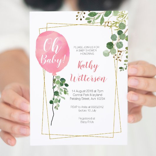 女の子のバルーン グリーンカーテン オー ベイビー シャワー 招待状