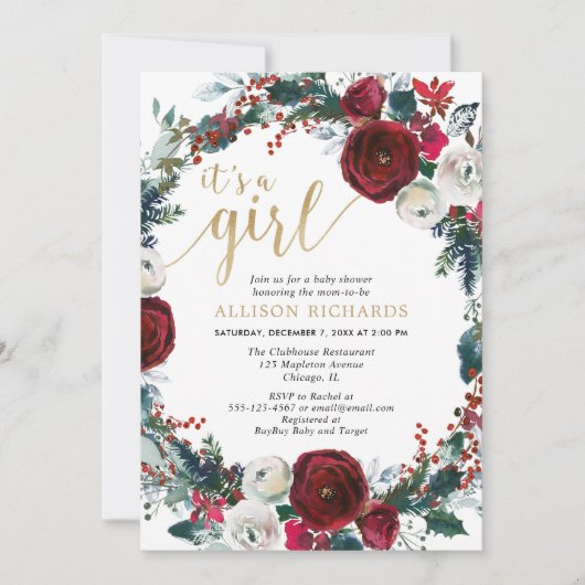 女の子のバーガンディのクリスマス金ゴールドシャワー 招待状 (正面)