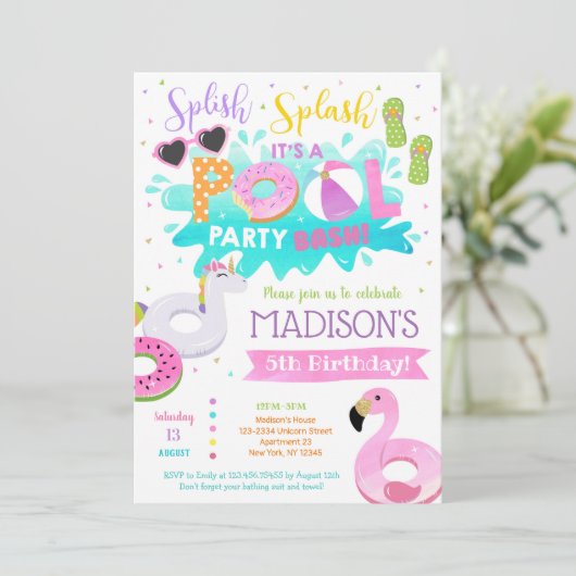 女の子のバースデーパーティ招待状をプール 招待状 (スタンド正面)
