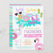 女の子のバースデーパーティ招待状をプール 招待状 (正面/裏面)