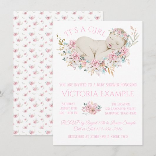 女の子のパステル水彩花ベイビーシャワー 招待状 (正面/裏面)