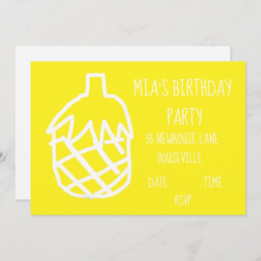 女の子のパーティーかわいいパイナップル誕生日パーティー 招待状 (正面/裏面)