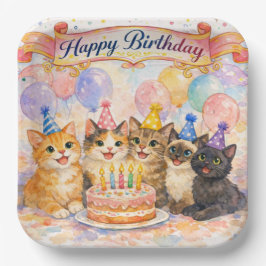 女の子のパーティー お誕生日おめでとう かわいい猫 ペーパープレート