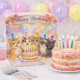 女の子のパーティー お誕生日おめでとう かわいい猫 ペーパープレート