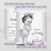 女の子のパープル グレー 1歳の誕生日パーティー 招待状 (正面/裏面)