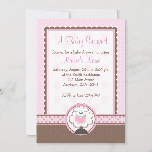 女の子のヒツジのピンク及びブラウンのベビーシャワー招待状 招待状 (正面)