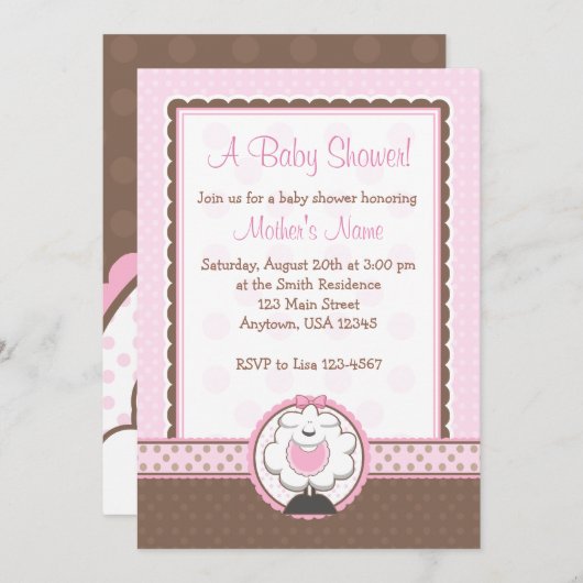 女の子のヒツジのピンク及びブラウンのベビーシャワー招待状 招待状 (正面/裏面)