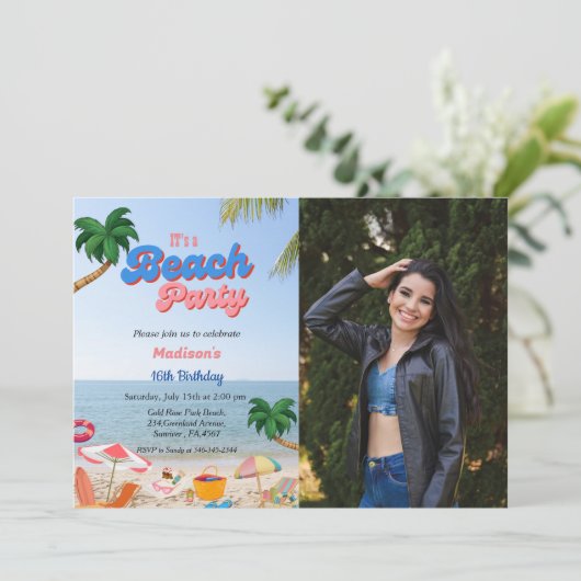 女の子のビーチパーティー誕生日、熱帯誕生日 招待状 (スタンド正面)