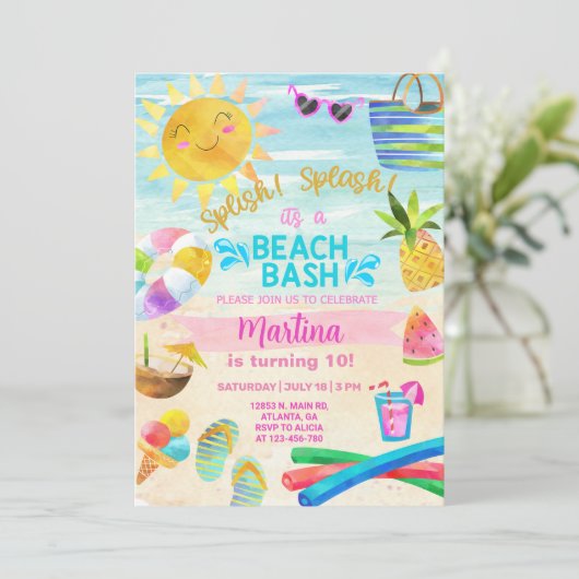 女の子のビーチパーティー、ビーチbash夏の招待状。 招待状 (スタンド正面)