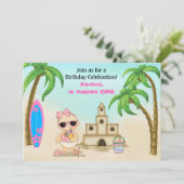 女の子のビーチベイビーサンドキャッスルサーフボード1歳の誕生日 招待状 (スタンド正面)