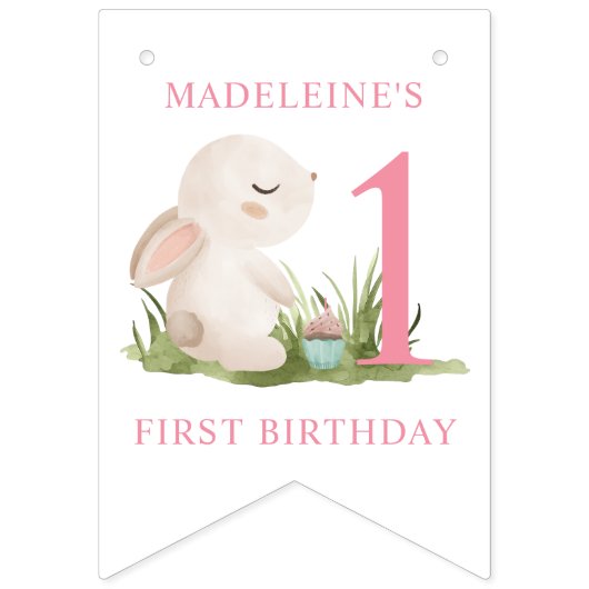 女の子のピンクうさぎ幸せ1歳の誕生日 バンティングフラッグ (第1の旗)